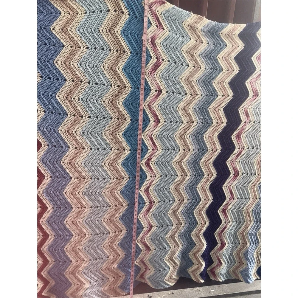 Vintage Crochet Afghan Blanket Chevron Zigzag Blues/pinks/ Tan96 X78‎
